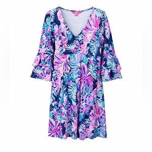 Lilly Pulitzer Raina Dress Multi Garden Get Away Bell Sleeve Small